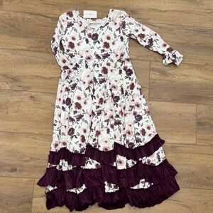 Oopsie Daisy Girls Floral Long Sleeve Dress with Plum Ruffle Hem Size 12